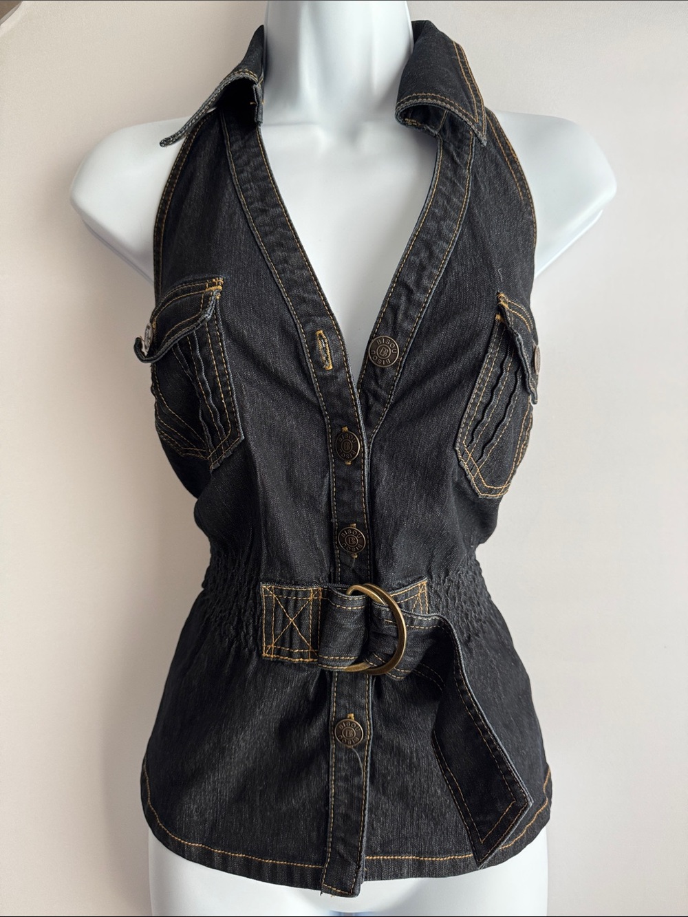 Bisou Bisou Black Denim Halter Button-Front Top with Belt